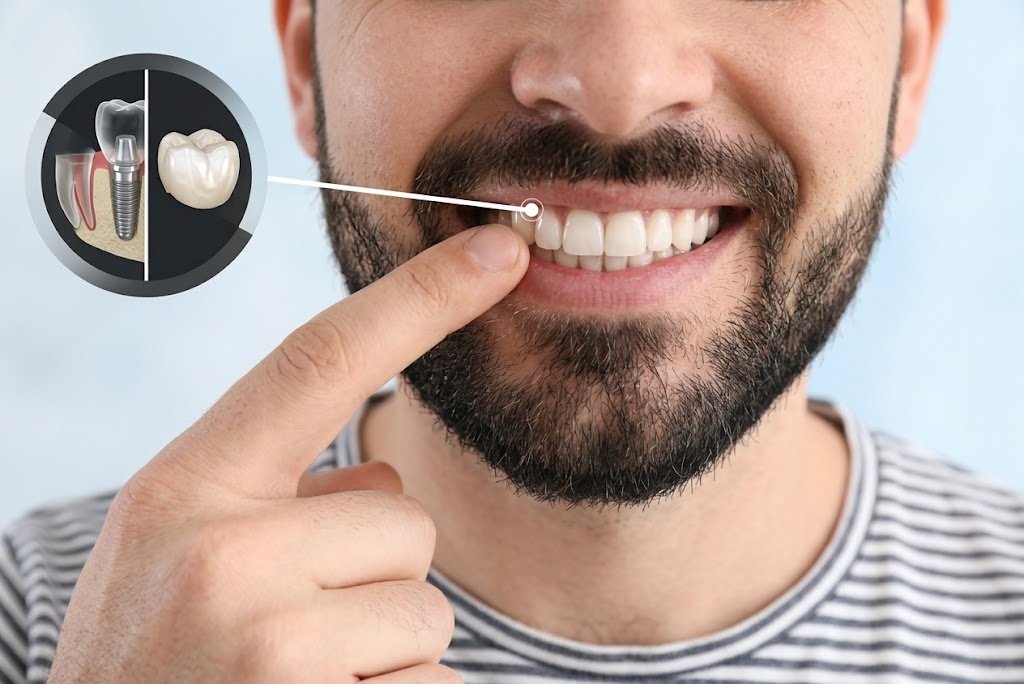 Dentista explicando como um implante dentário é colocado