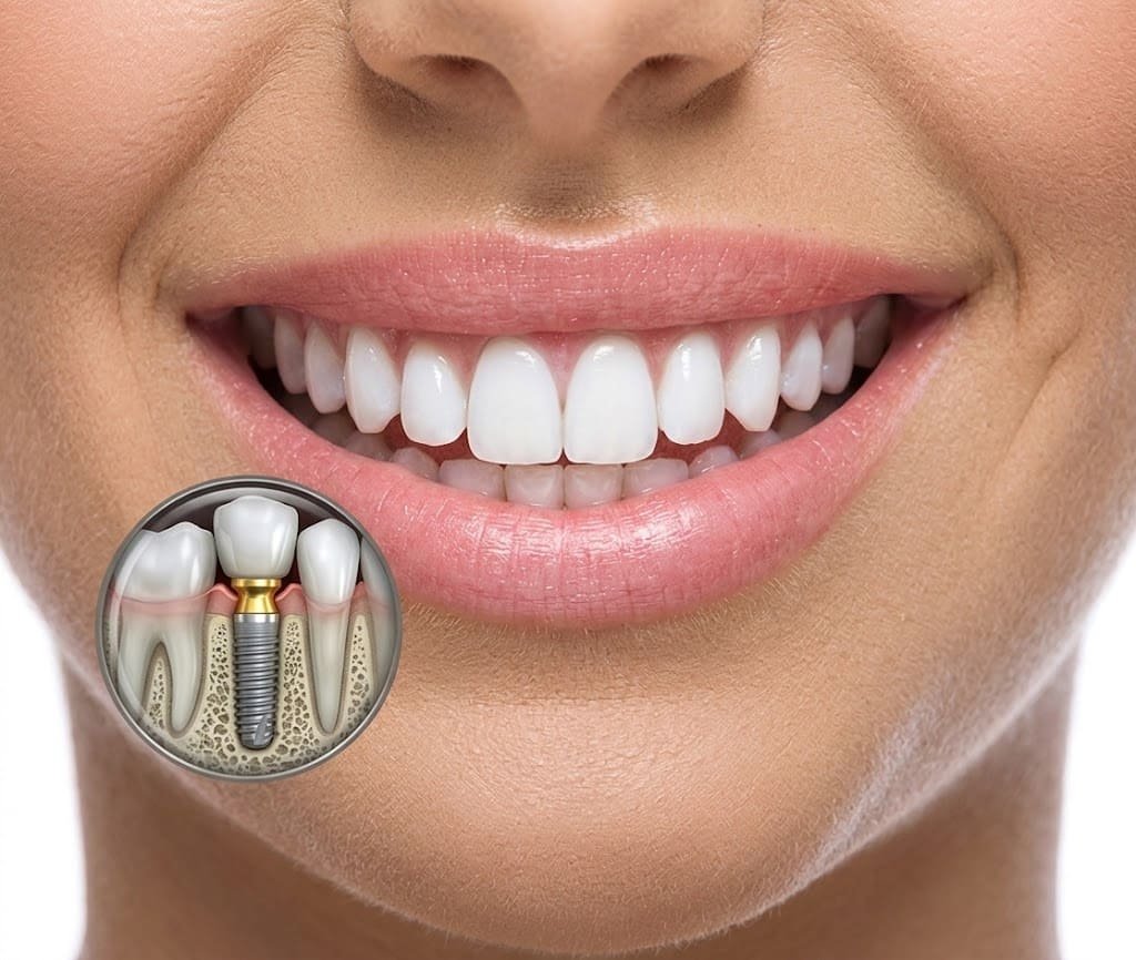 Ilustração esquemática de um implante dentário mostrando o pino de titânio no osso, o pilar de conexão e a coroa de porcelana.