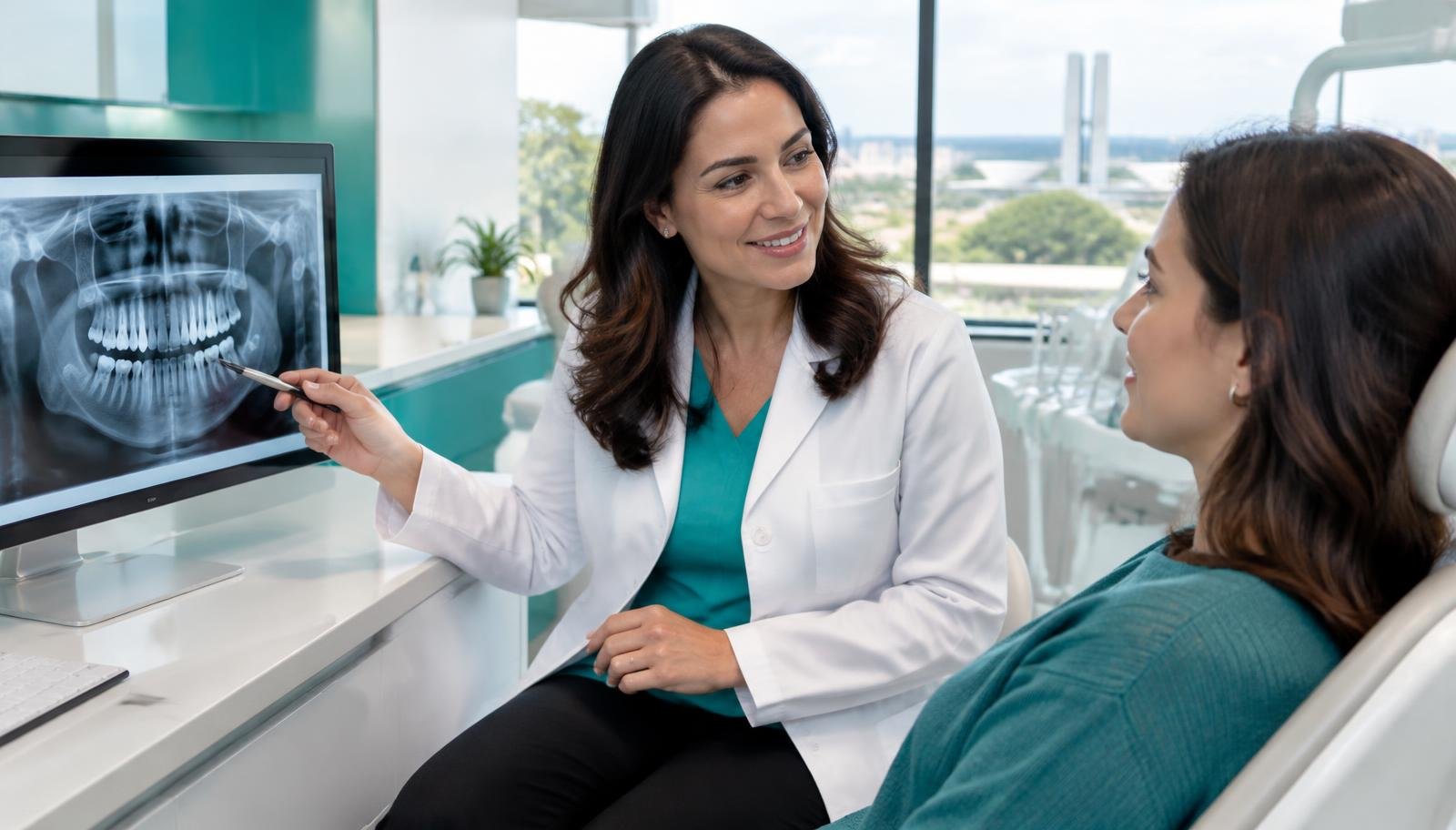 Dentista avaliando radiografia para definir a idade adequada para implante dentário